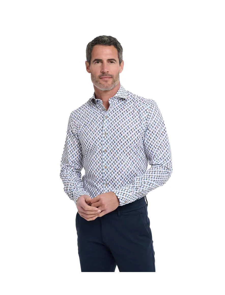 R2 overhemd wit blauw bruin geprint wide spread katoen