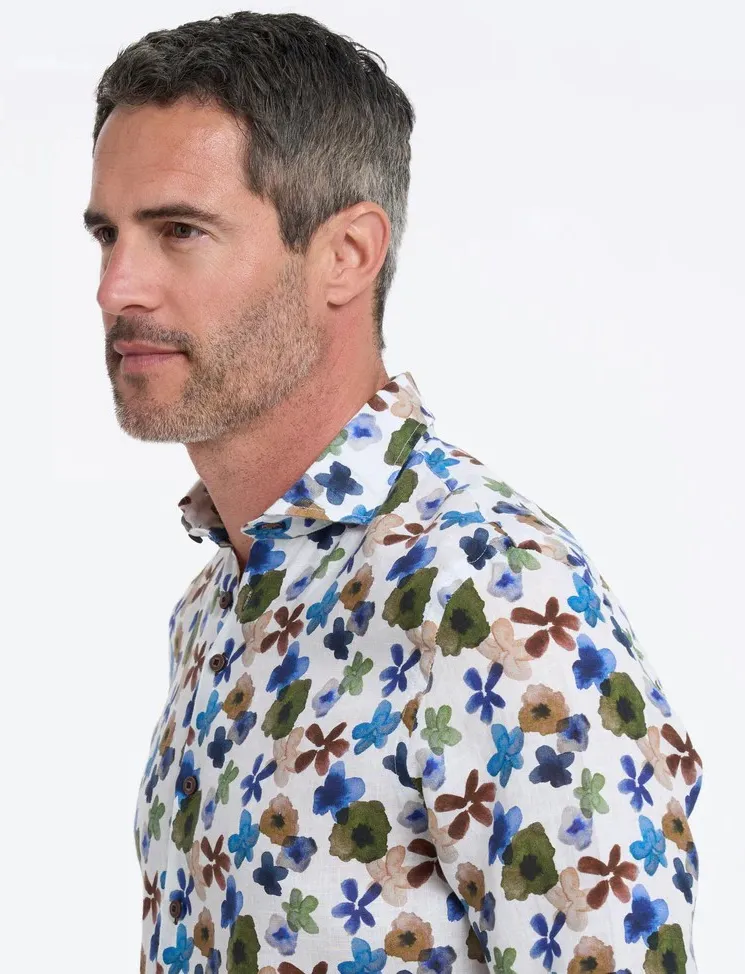 R2 overhemd geprint met bloemen linnen