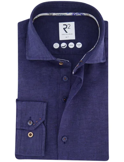 R2 R2 overhemd short fit mouwlengte 7 donkerblauw linnen