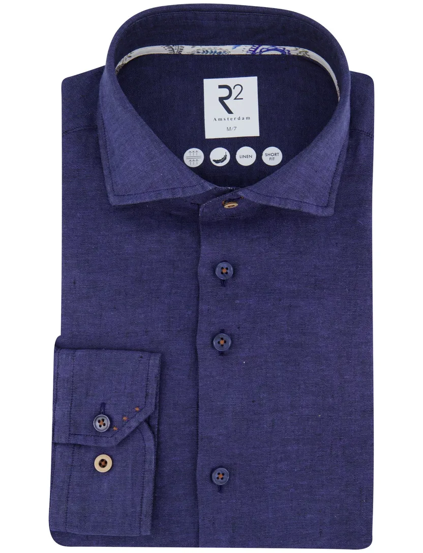 R2 Short Fit overhemd mouwlengte 7 donkerblauw linnen