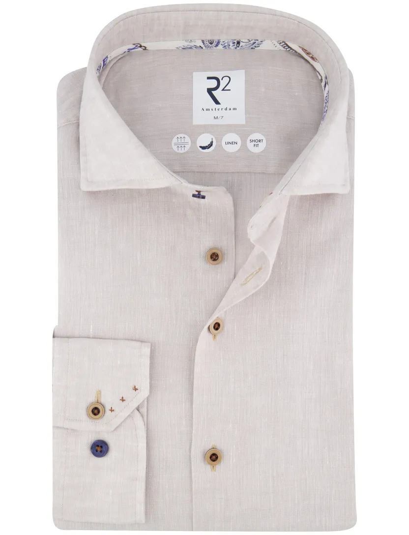 R2 overhemd mouwlengte 7 beige linnen Short Fit