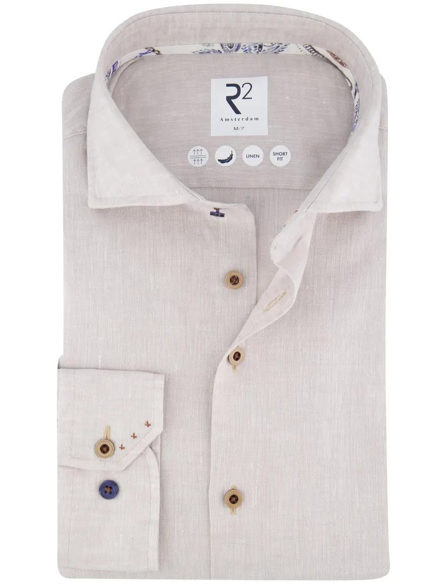 R2 overhemd mouwlengte 7 beige Short Fit linnen