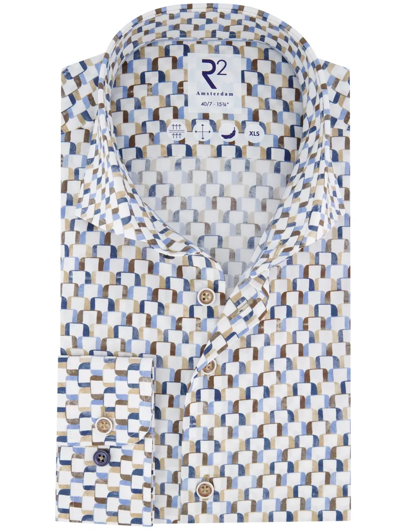 R2 overhemd mouwlengte 7 beige blauw wit geprint katoen