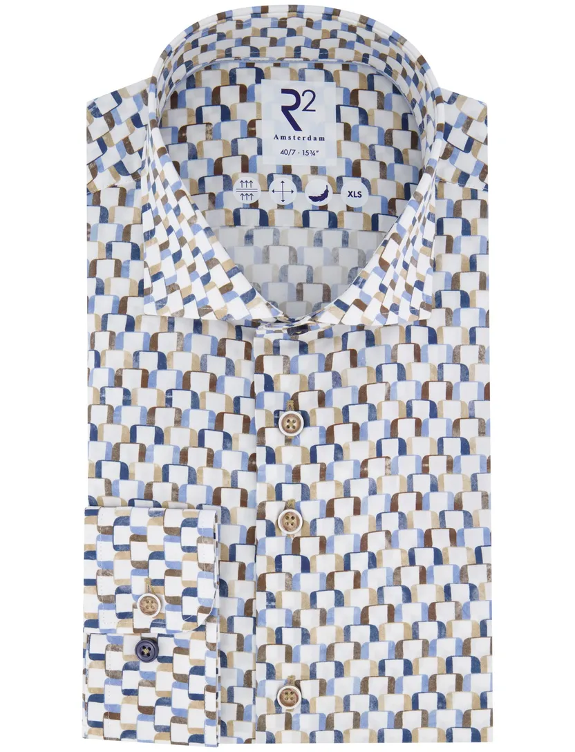 R2 overhemd mouwlengte 7 beige blauw wit geprint katoen