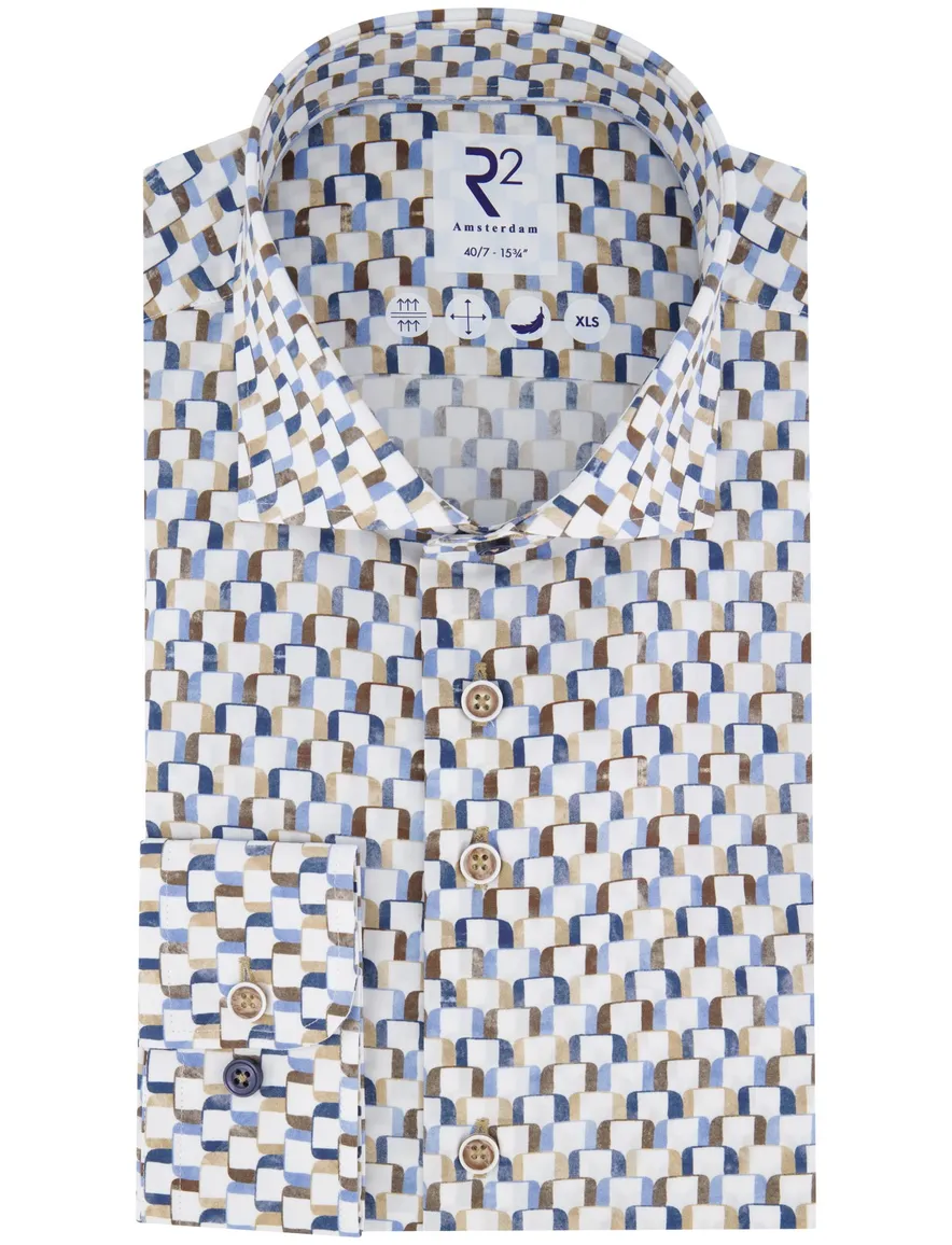 R2 overhemd mouwlengte 7 beige blauw wit geprint katoen