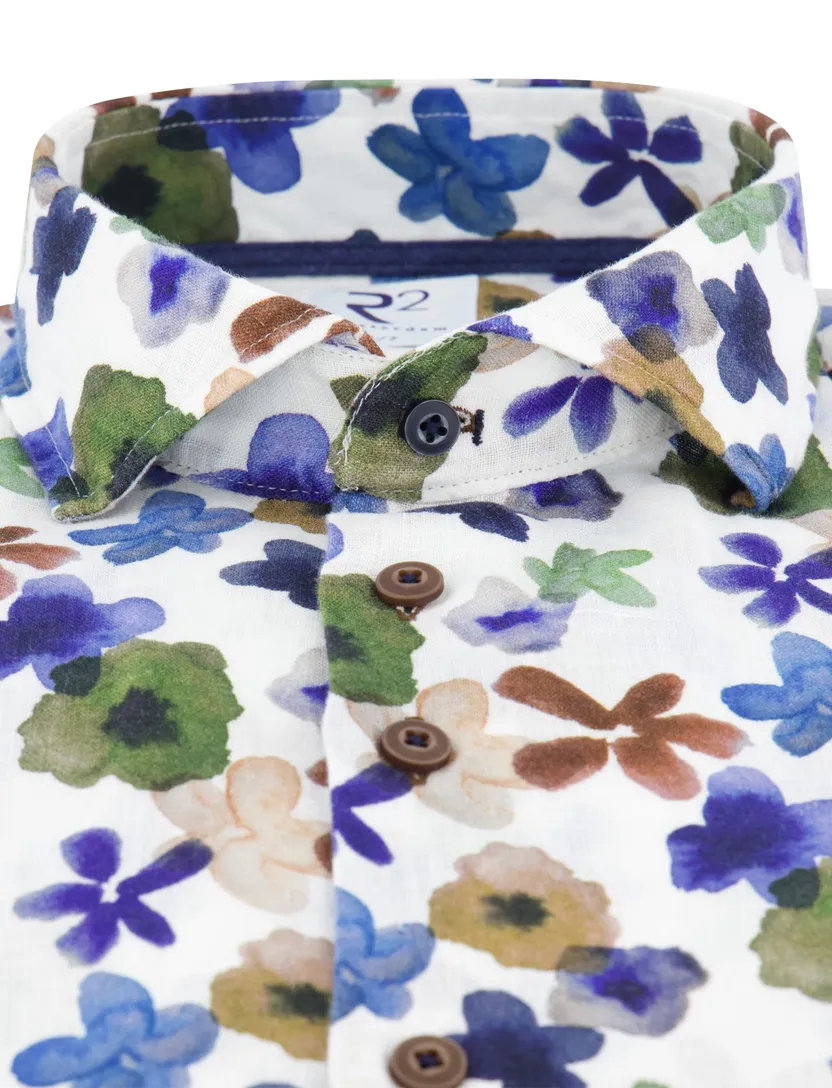 R2 overhemd blauwe bloemen print normale fit