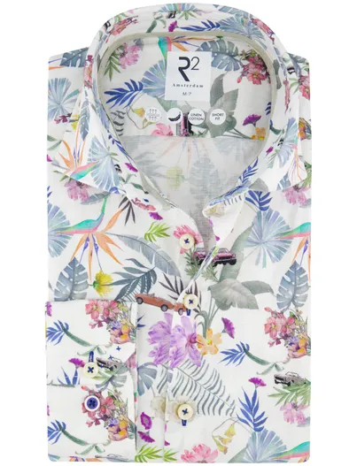 R2 R2 Slim Fit overhemd mouwlengte 7 wit geprint linnen