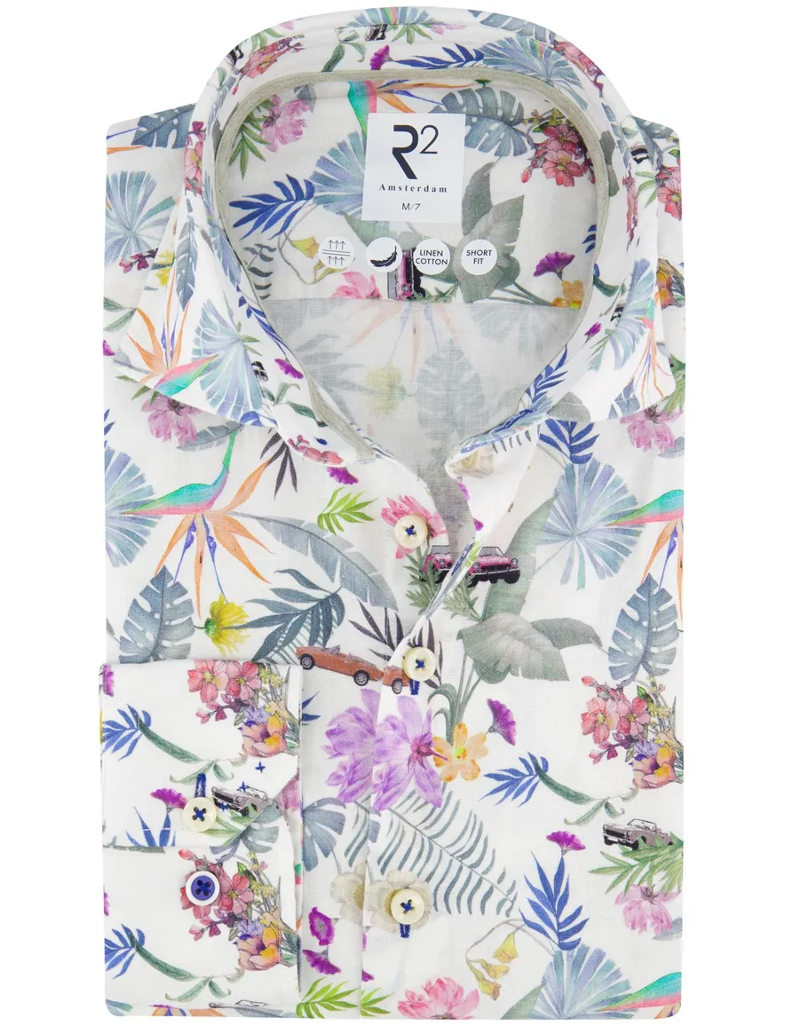 R2 Slim Fit overhemd mouwlengte 7 wit geprint linnen