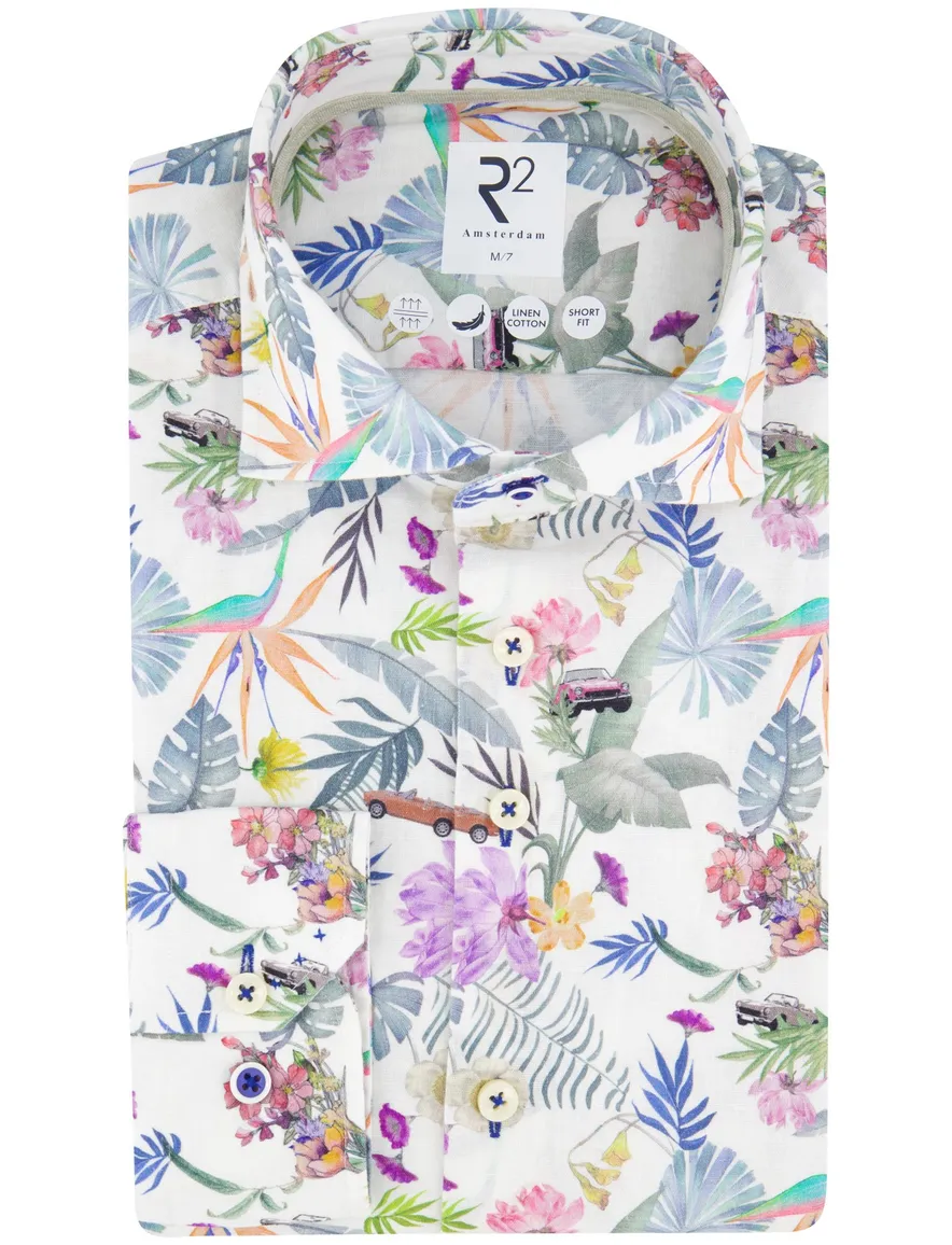 R2 Slim Fit overhemd mouwlengte 7 wit geprint linnen