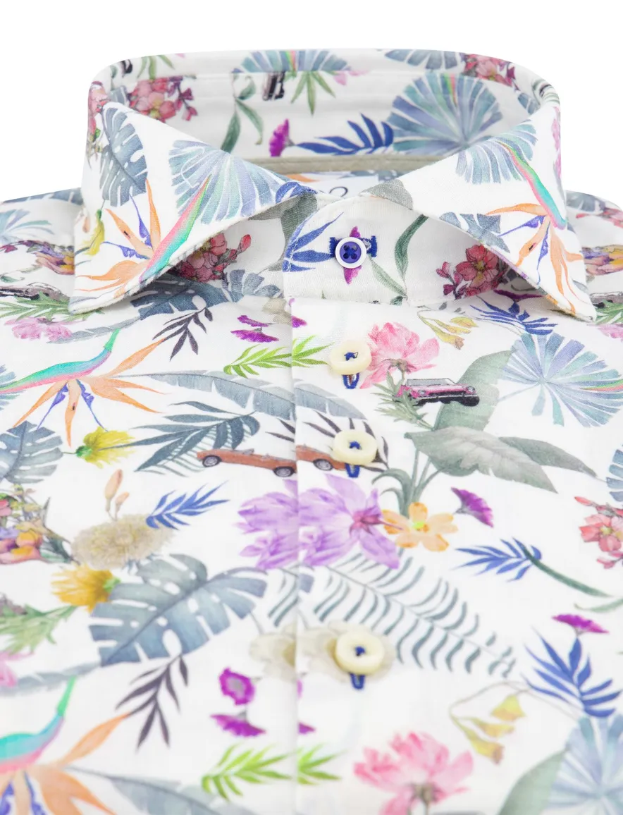 R2 Slim Fit overhemd mouwlengte 7 wit geprint linnen