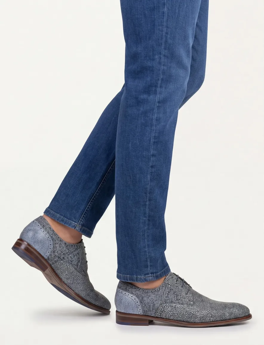 Veterschoenen Floris van Bommel blauw leer geprint