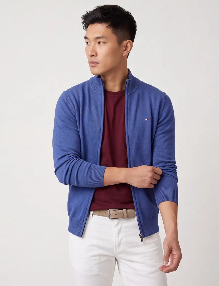 Portofino vest blauw gemeleerd hoge hals katoen