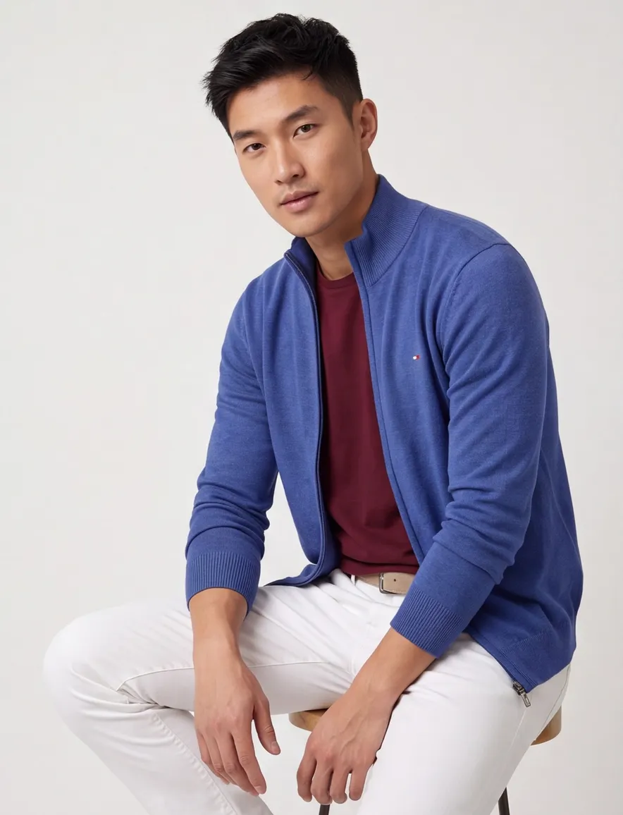 Portofino vest blauw gemeleerd hoge hals katoen