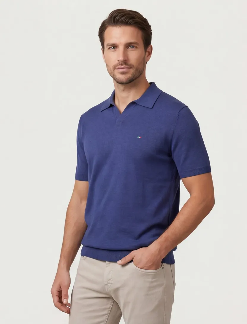 katoenen Portofino polo donkerblauw gemeleerd gebreid