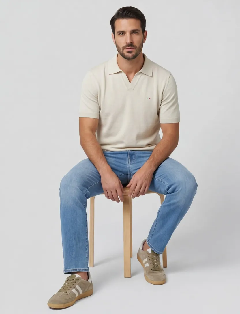 Portofino polo v-hals creme gebreid