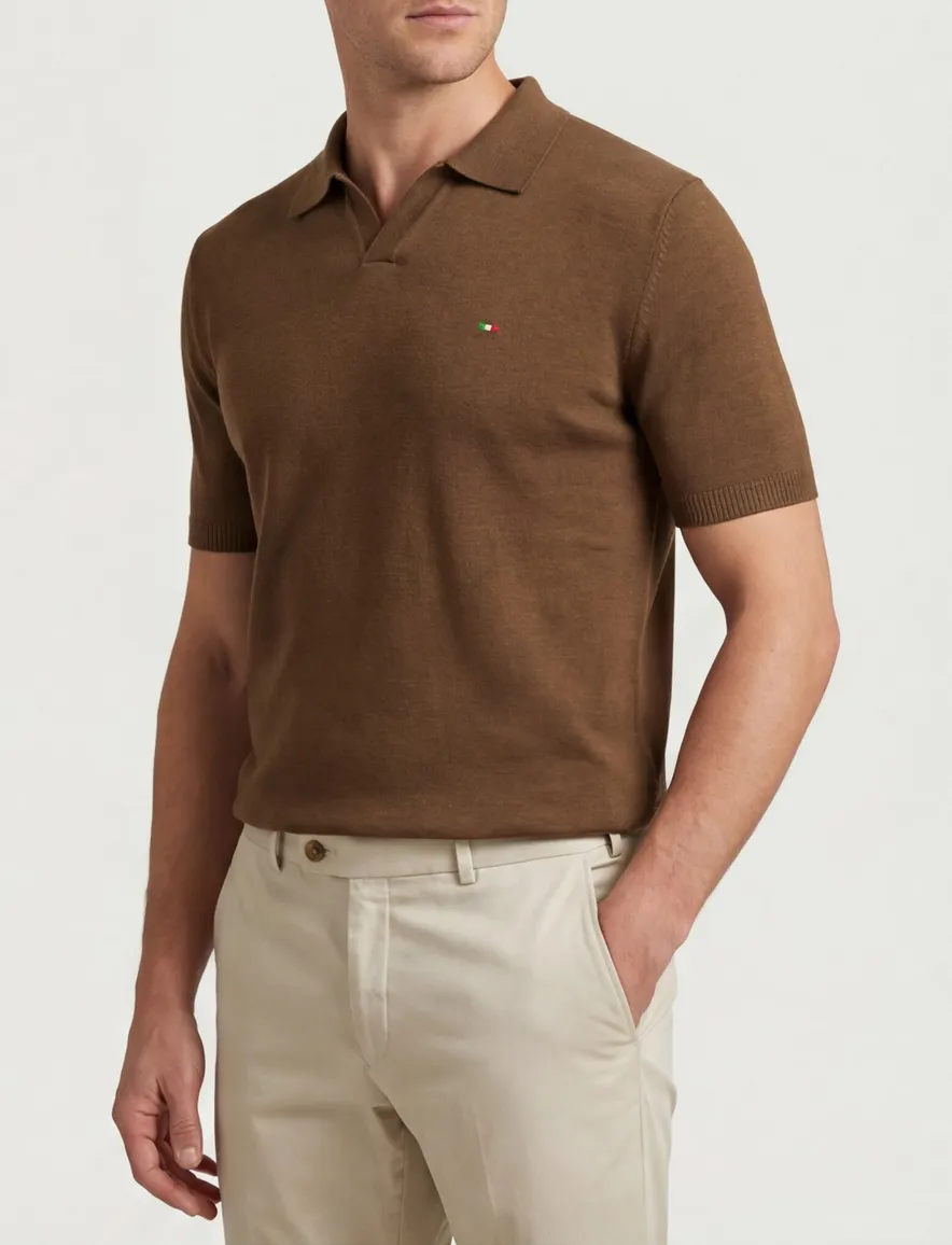 Portofino polo bruin gebreid gemeleerd katoen