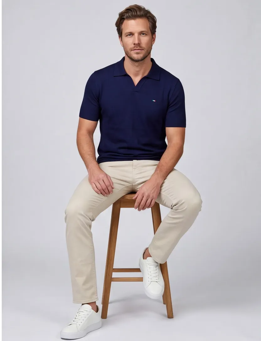 Portofino polo extra lang donkerblauw gebreid
