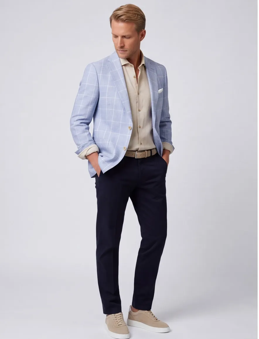 Carl Gross Sakko modern fit colbert blauw geruit linnen
