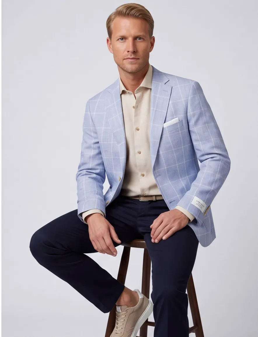 Carl Gross Sakko modern fit colbert blauw geruit linnen