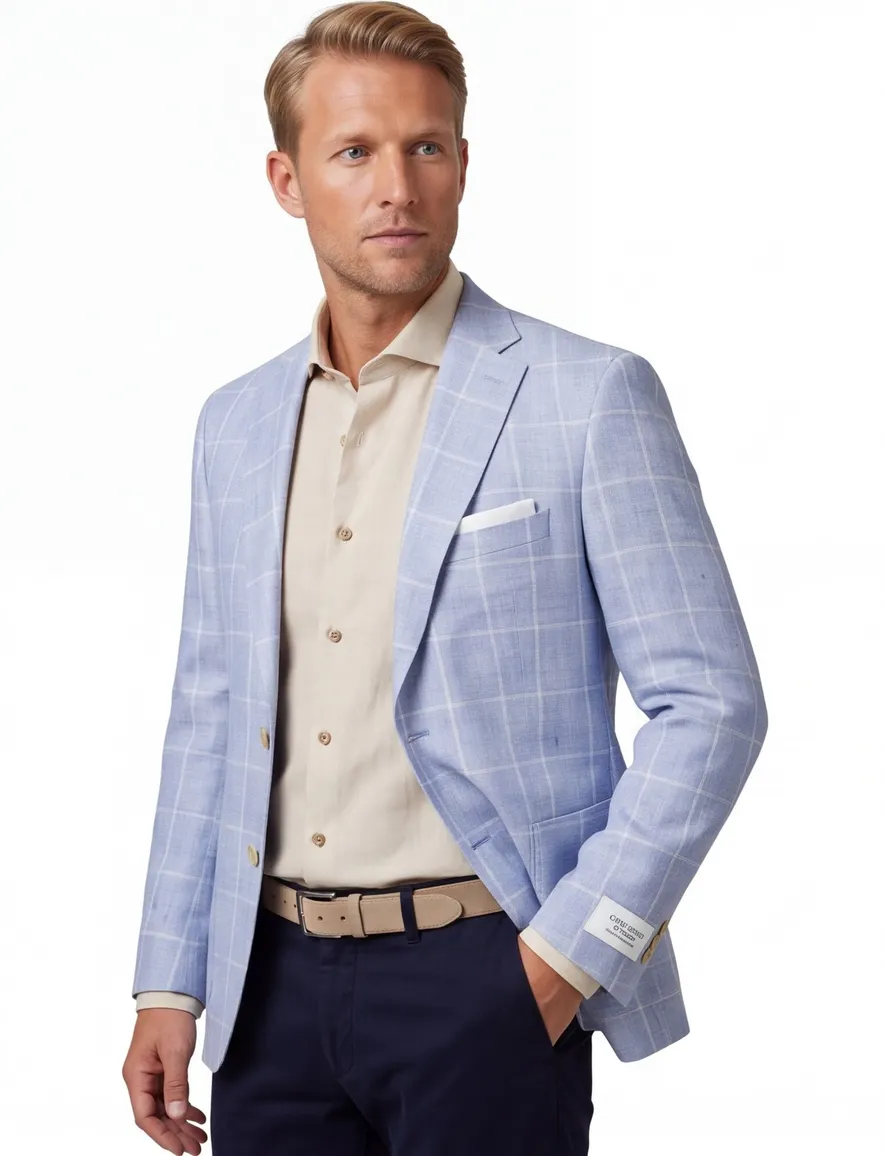 Carl Gross Sakko modern fit colbert blauw geruit linnen