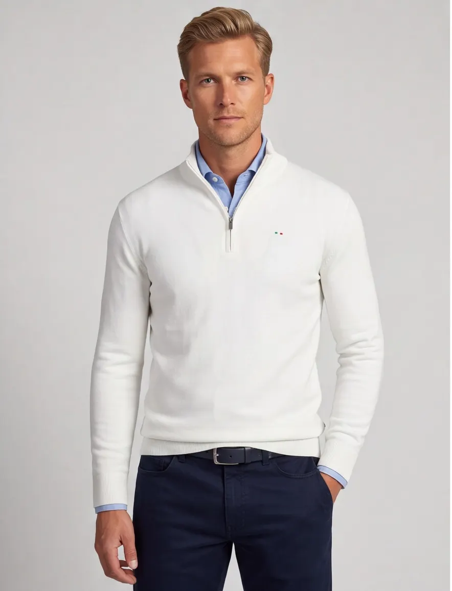 Portofino half zip trui met boord wit katoen