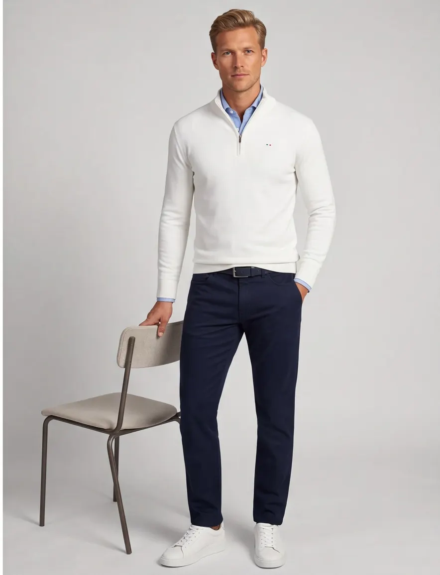 Portofino half zip trui met boord wit katoen