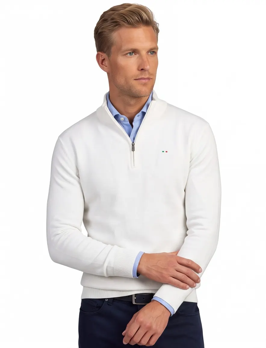 Portofino half zip trui met boord wit katoen