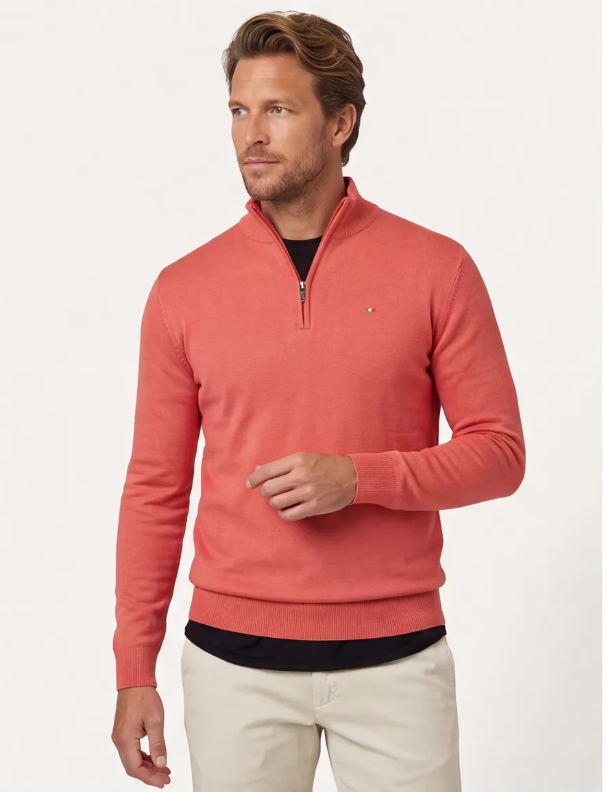 Portofino half zip trui met boord roze katoen