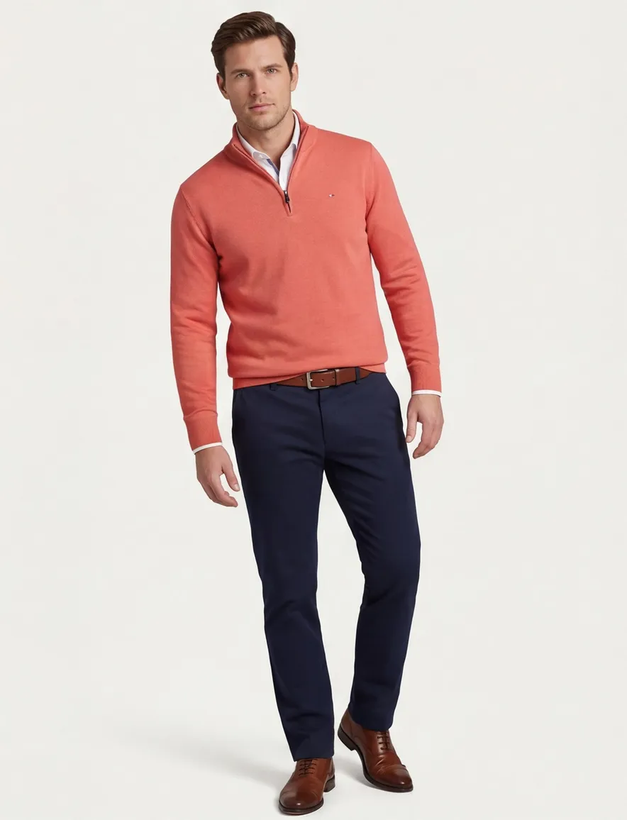 Portofino half zip trui met boord roze katoen