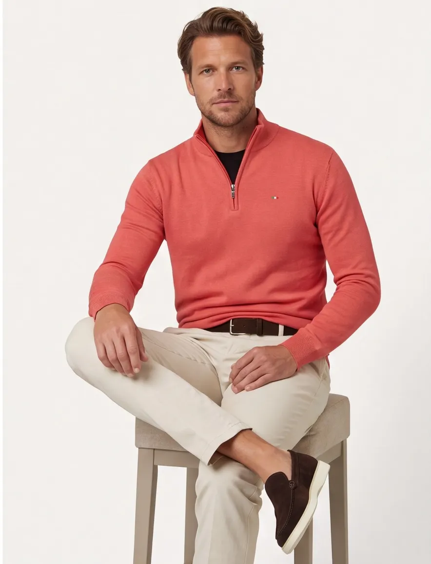 Portofino half zip trui met boord roze katoen
