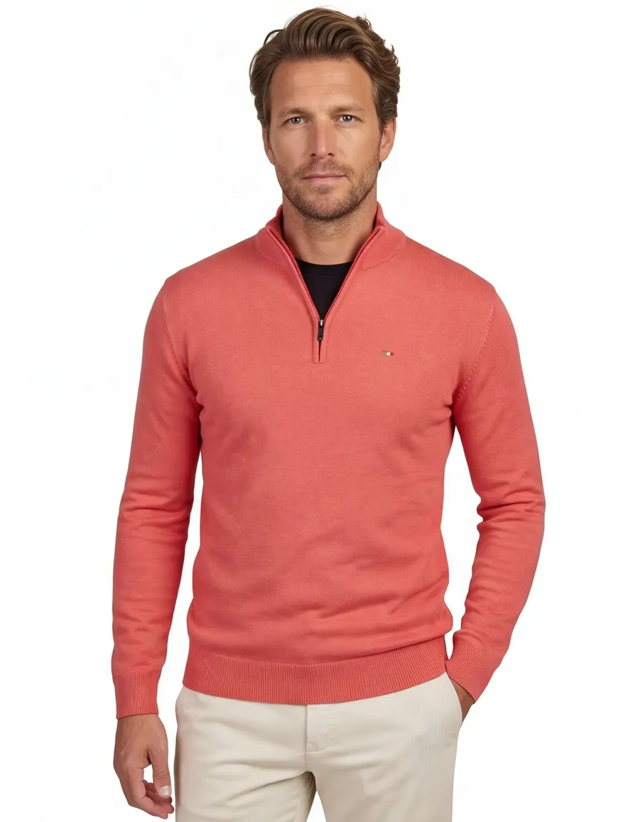Portofino half zip trui met boord roze katoen