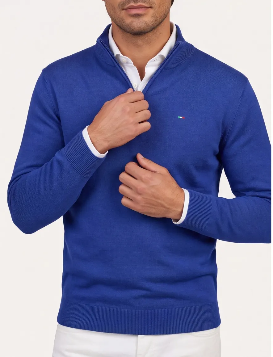 Portofino trui kobaltblauw half zip gemeleerd