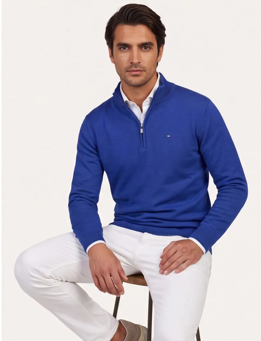 Portofino trui kobaltblauw half zip gemeleerd