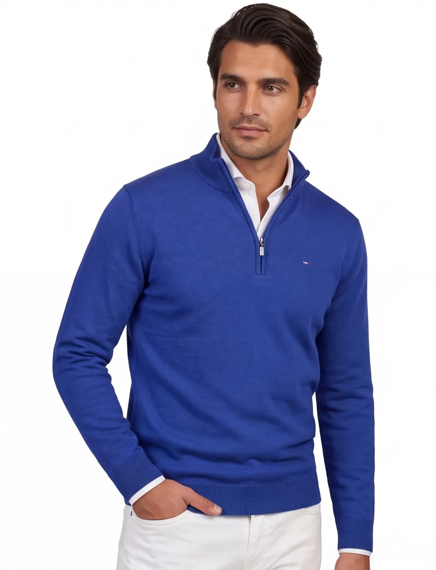 Portofino trui kobaltblauw half zip gemeleerd
