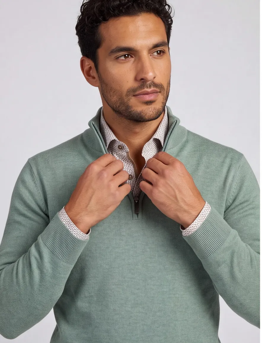 Portofino half zip trui met boord groen katoen