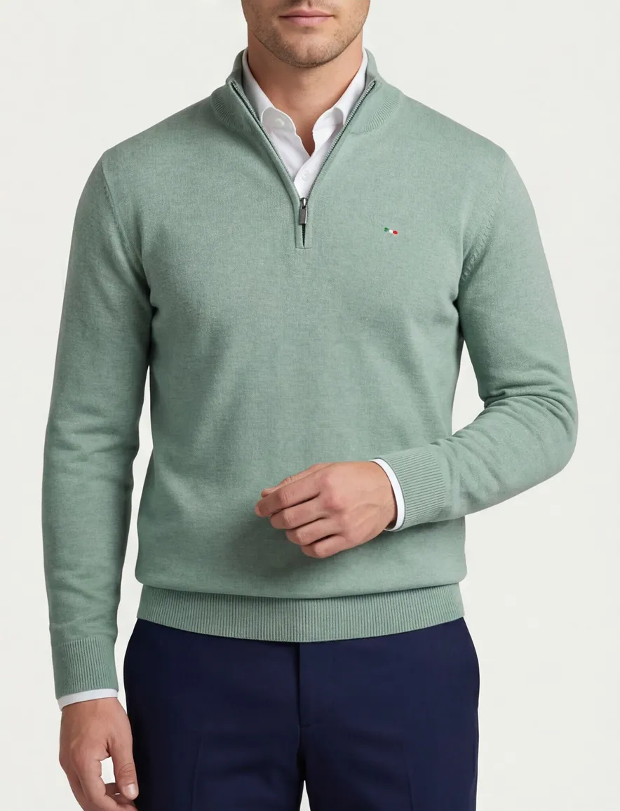 Portofino half zip trui met boord groen katoen
