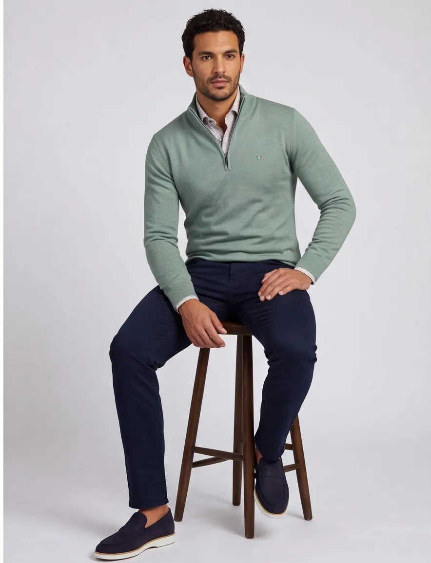 Portofino half zip trui met boord groen katoen
