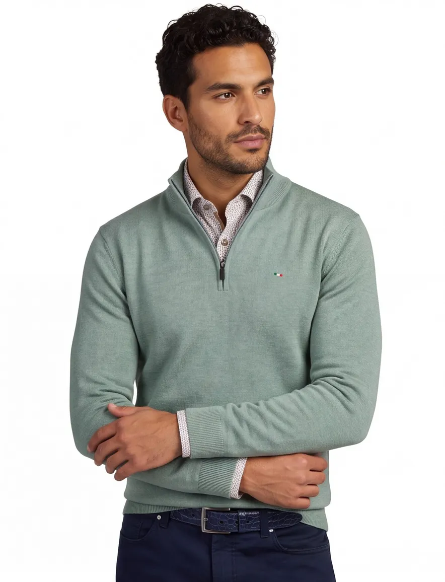 Portofino half zip trui met boord groen katoen