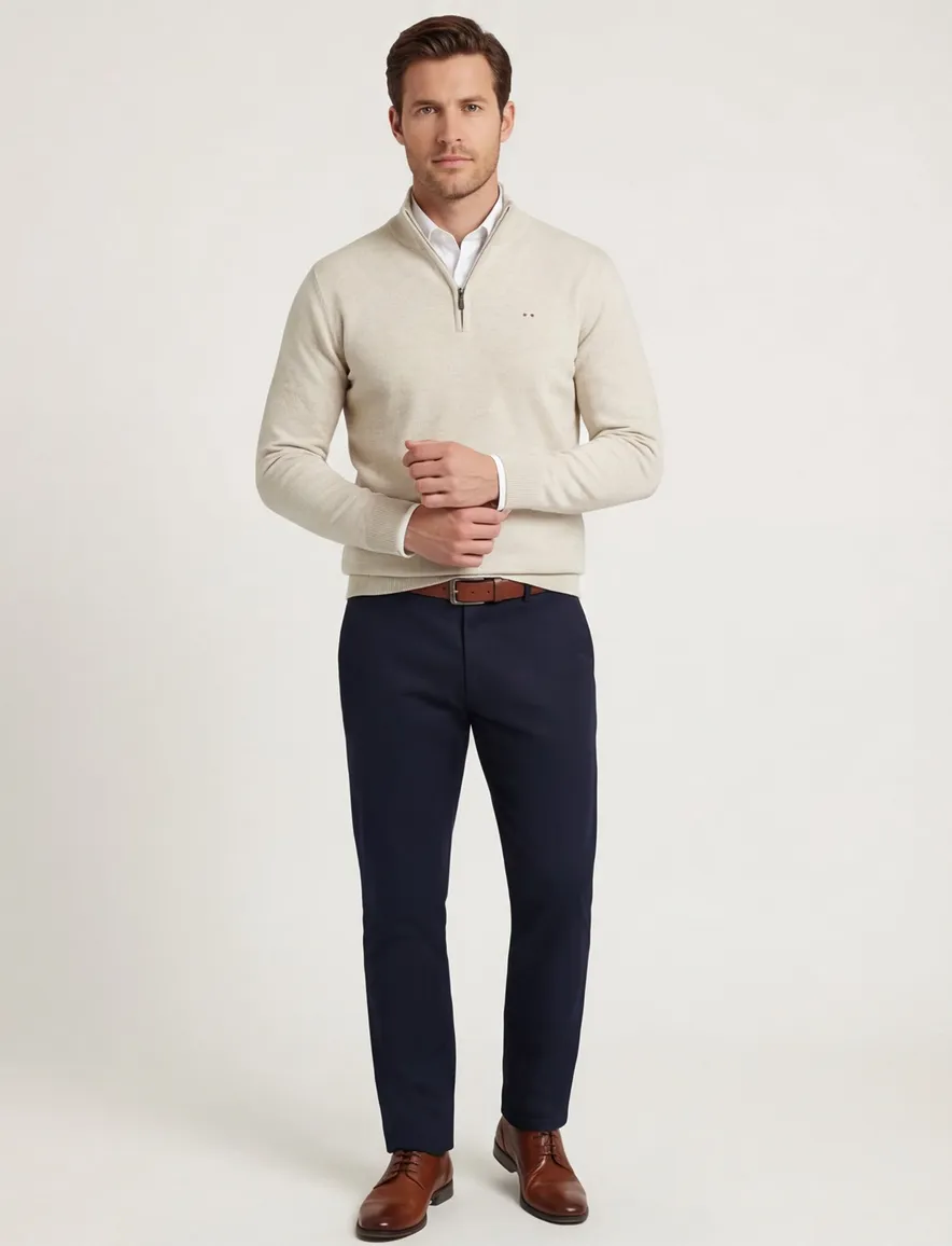 Portofino half zip trui beige met boord