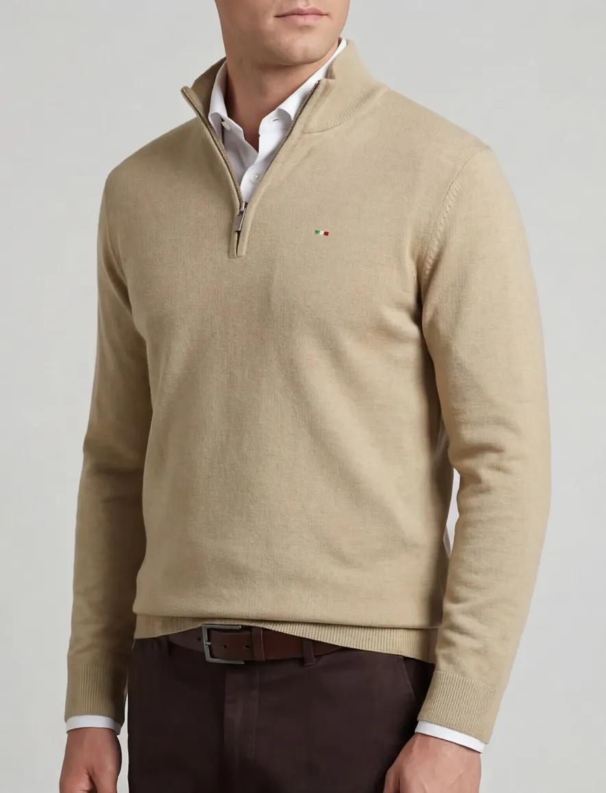 Portofino half zip trui met boord beige