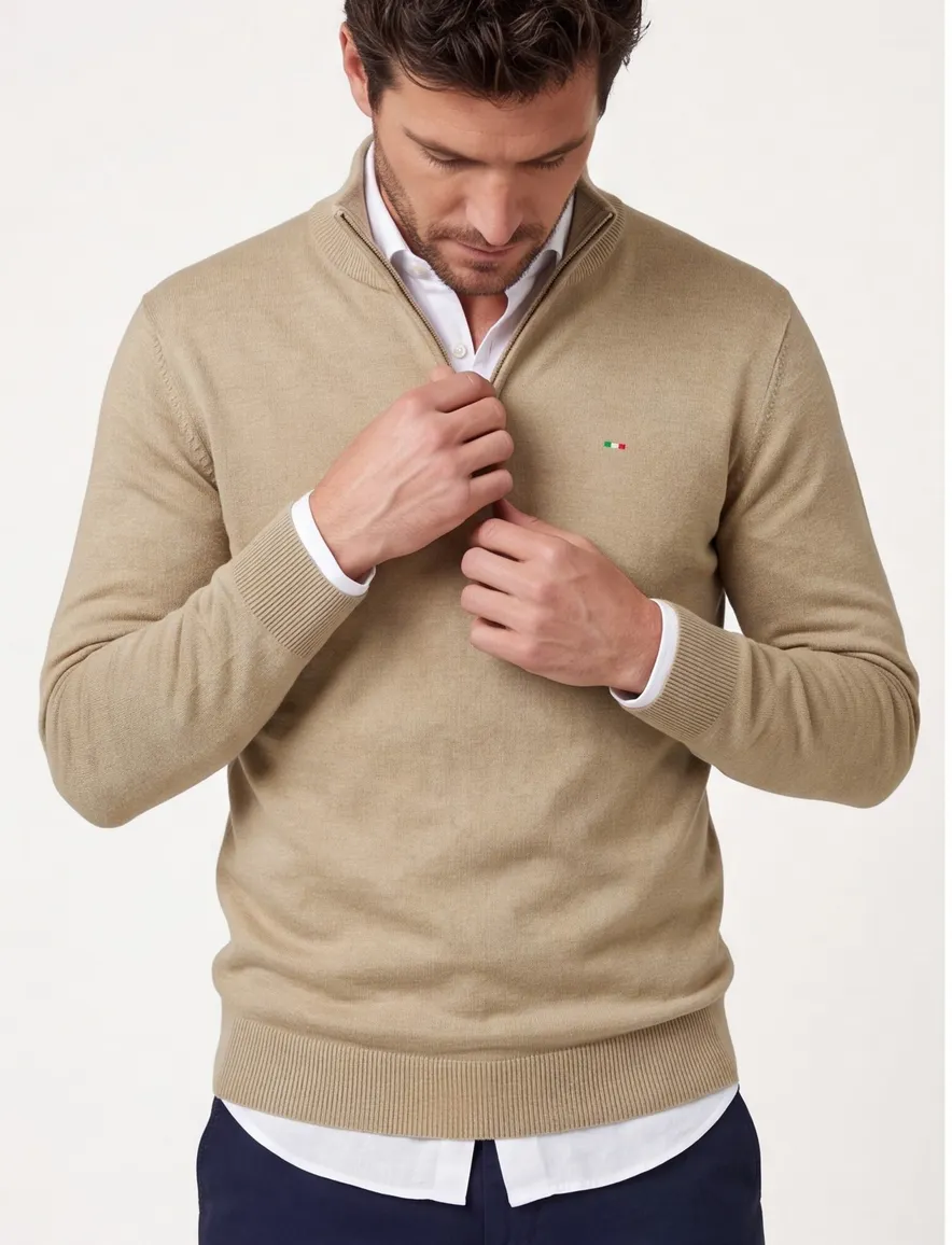 Portofino half zip trui met boord beige