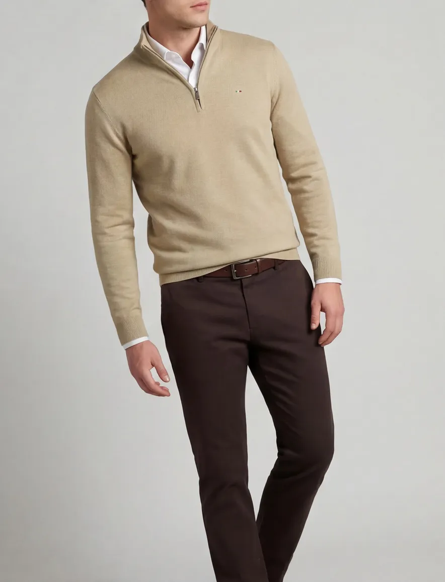 Portofino half zip trui met boord beige