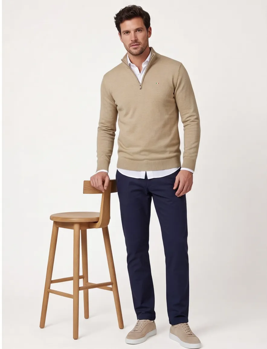 Portofino half zip trui met boord beige
