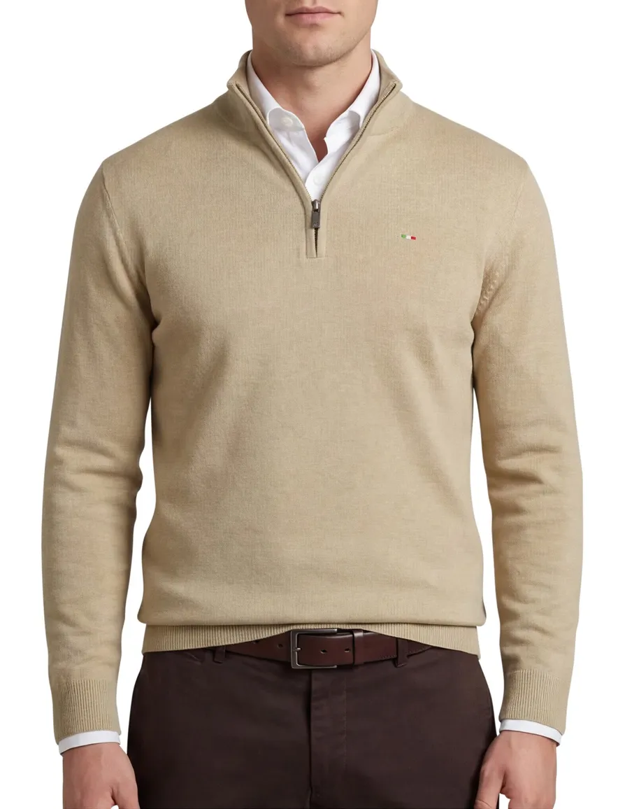 Portofino half zip trui met boord beige