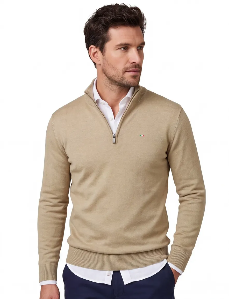 Portofino half zip trui met boord beige