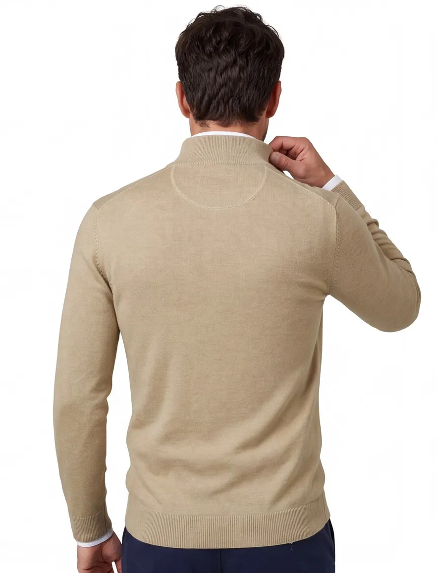 Portofino half zip trui met boord beige