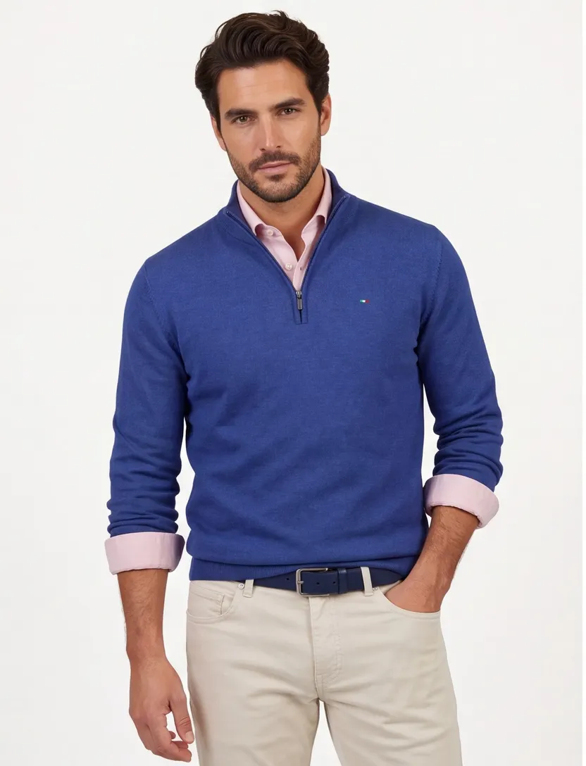 Portofino half zip trui extra lang blauw katoen normale fit