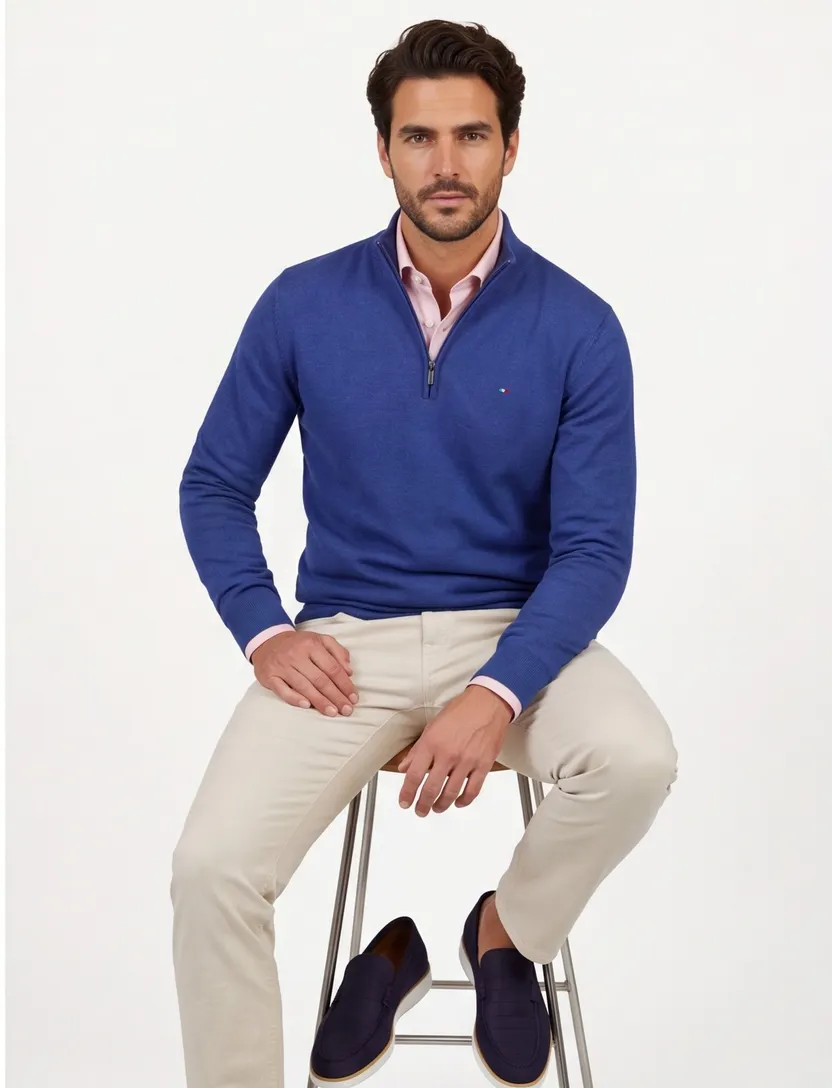 Portofino half zip trui extra lang blauw katoen normale fit