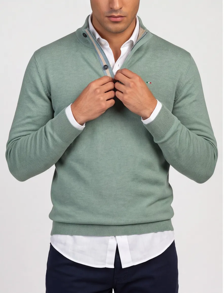 Portofino Regular fit half zip trui groen katoen