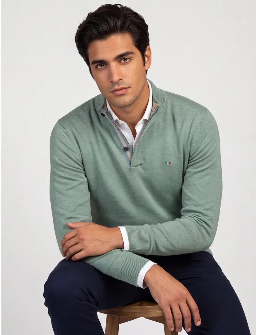 Portofino Regular fit half zip trui groen katoen